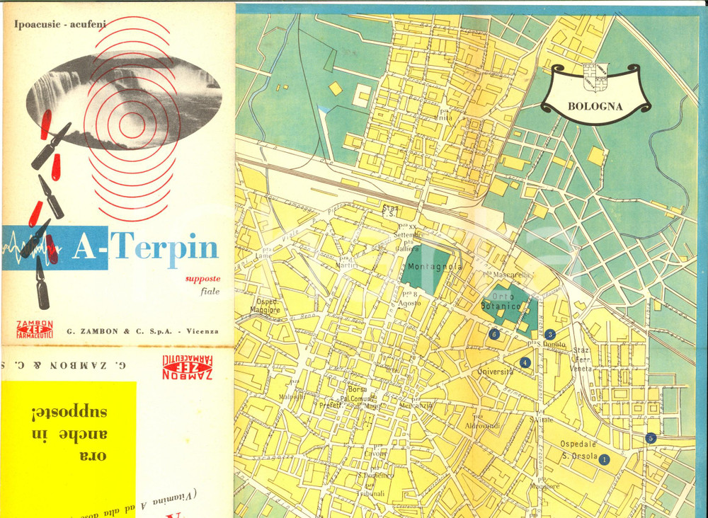 Materiale pubblicitario d’epoca 1956 Farmaceutica ZAMBON   ATERPIN Ipoacusie Mappa BOLOGNA pubblicitaria 1