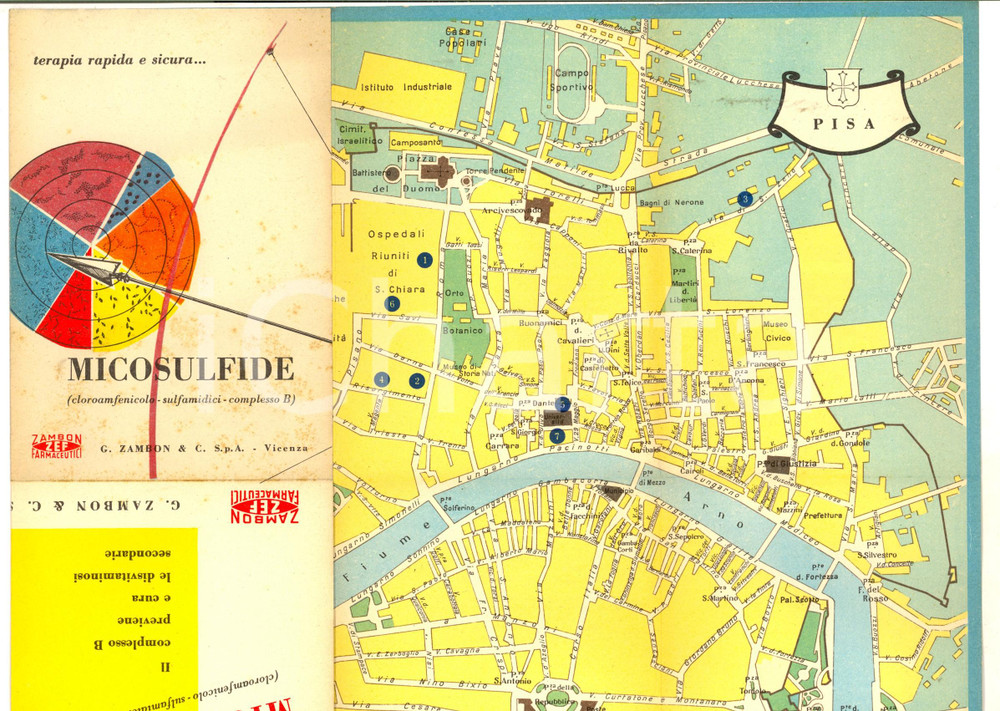 Materiale pubblicitario d’epoca 1956 Farmaceutica ZAMBON   MICOSULFIDE  Mappa PISA pubblicitaria pieghevole 1