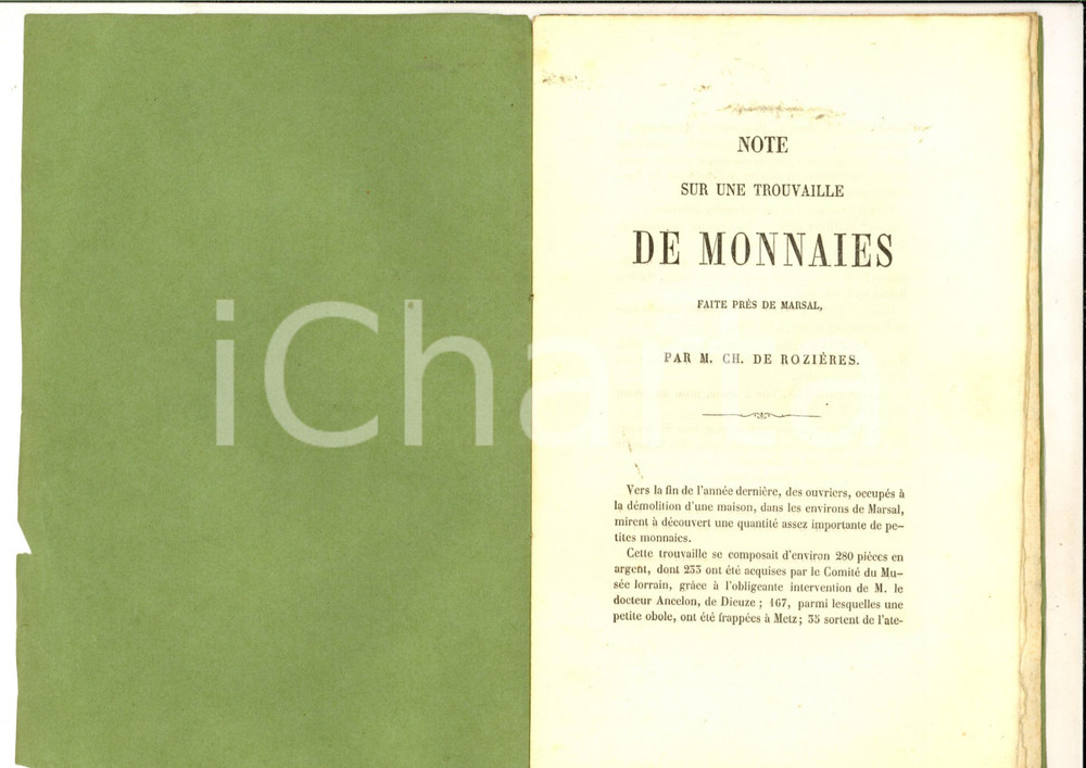 Libro, pubblicazione d epoca 1866 Charles de ROZIERES Note sur une trouvaille de monnaies Extrait 8 pp. 1