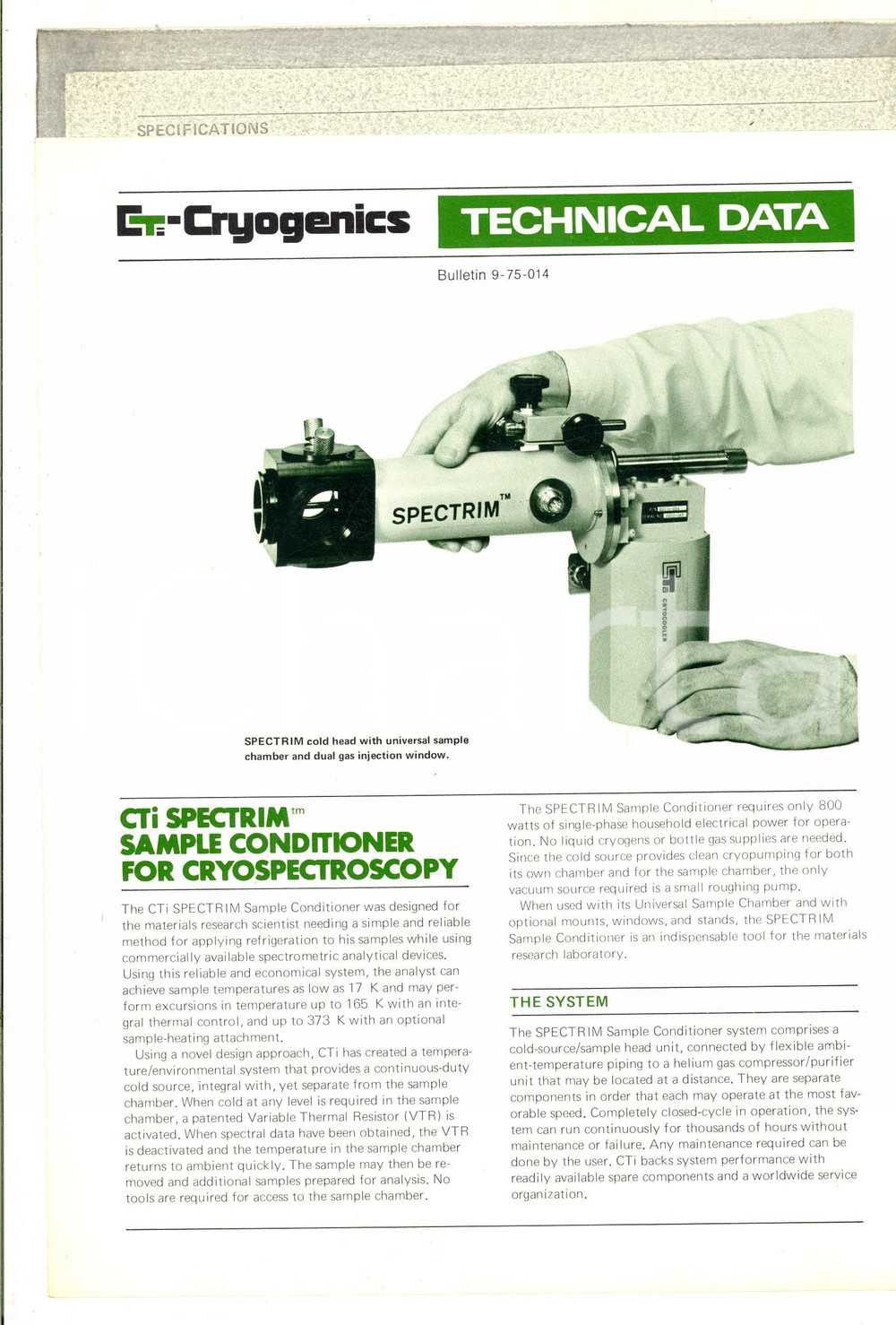 Materiale pubblicitario d’epoca 1975 CTCRYOGENICS Cti Spectrim sample conditioner VINTAGE Brochure 1