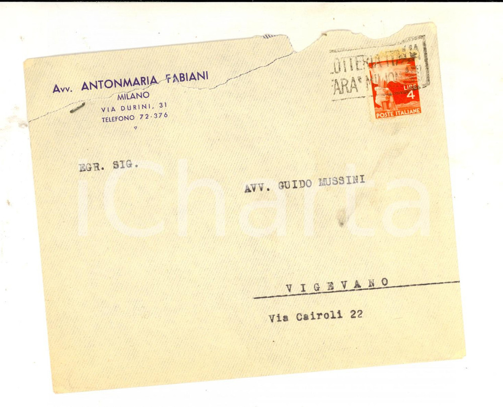 Cartolina originale da collezione 1947 STORIA POSTALE MILANO Busta Antonmaria FABIANI L.4 + timbro LOTTERIA ITALIA 1