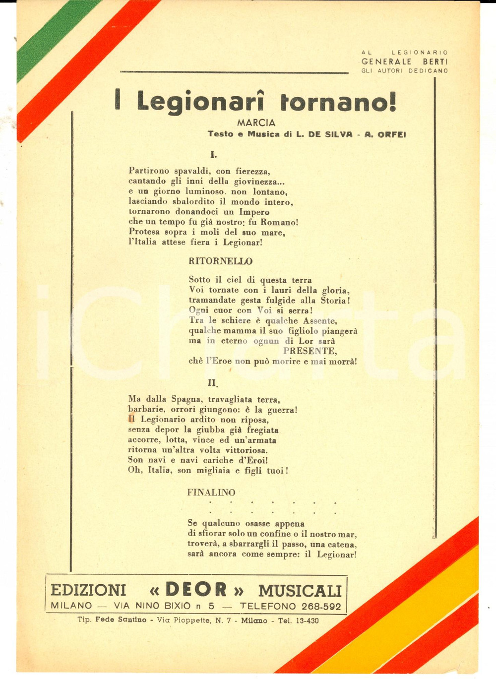 Oggetto da collezione cartaceo 1938 L. DE SILVA e A. ORFEI I Legionari tornano! marcia Volantino canzone 1 1