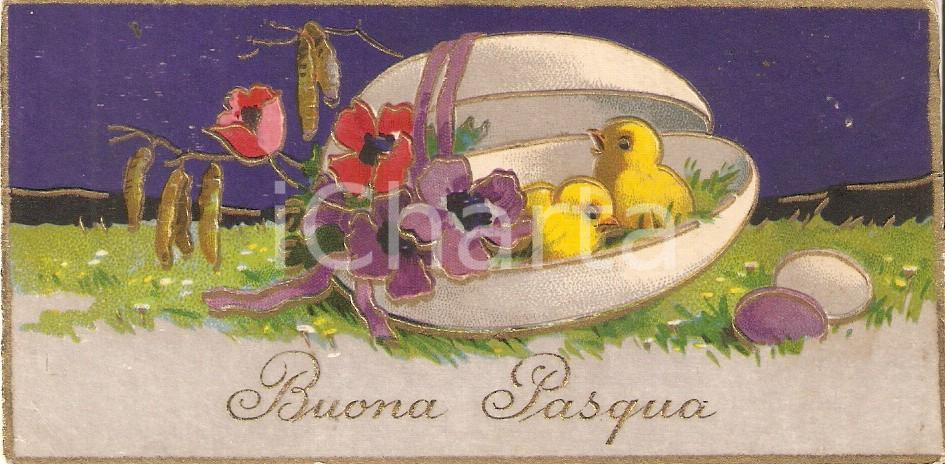 Oggetto da collezione cartaceo 1940 ca BUONA PASQUA Biglietto augurale con pulcini e violetta 12 x 6 cm 1