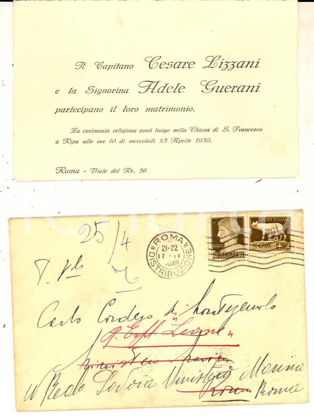 1923 ROMA Partecipazione nozze capitano Cesare LIZZANI - Adele GUERANI