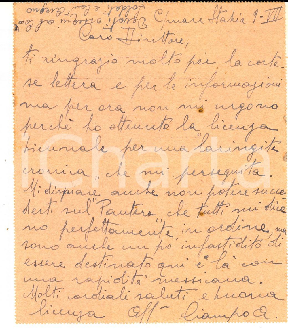 Manoscritto, lettera originale 1931 REGIA MARINA CASTELLAMMARE DI STABIA Comandante CIAMPO in licenza triennale 1