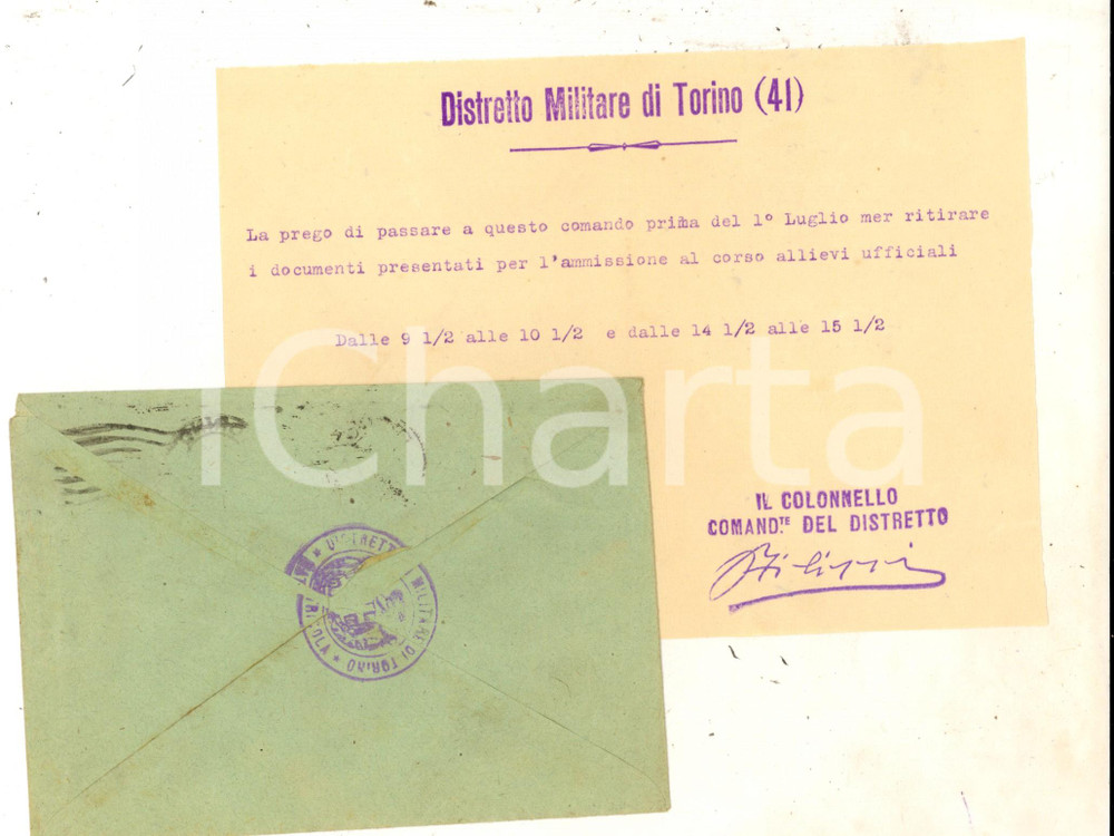 Manoscritto, lettera originale 1916 DISTRETTO MILITARE TORINO Convocazione Giulio CORDERO DI MONTEZEMOLO 1