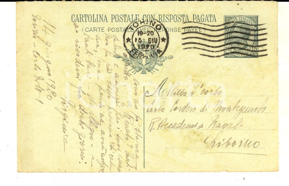 Manoscritto, lettera originale 1920 TORINO Cartolina di Virginia CORDERO DI MONTEZEMOLO a Carlo Autografa 1