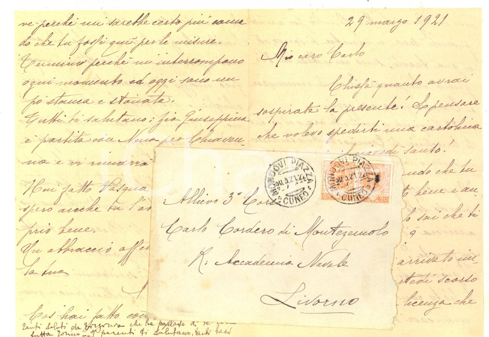 Manoscritto, lettera originale 1921 MONDOVI  Marchesa CORDERO DI MONTEZEMOLO riceve figli in visita Autografo 1