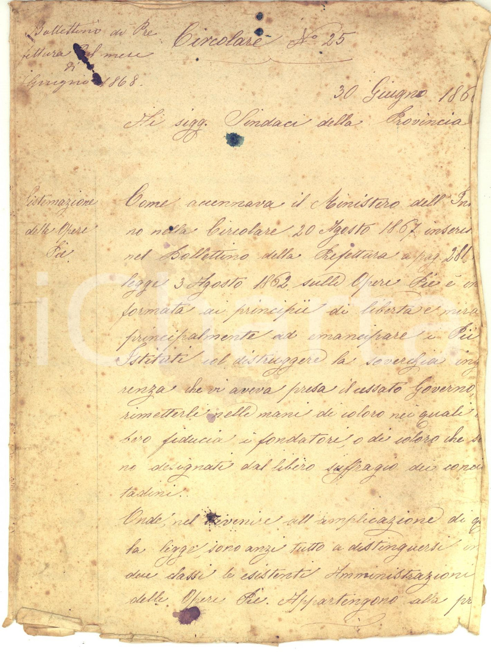 Documento originale, autentico 1868 PADOVA Della sistemazione delle Opere Pie Circolare manoscritta 4 pp. 1
