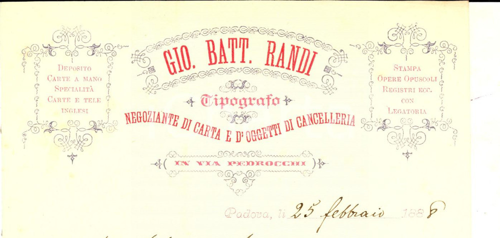 Documento originale, autentico 1888 PADOVA Tipografo Giovanni Battista RANDI Negoziante carta Fattura intestata 1