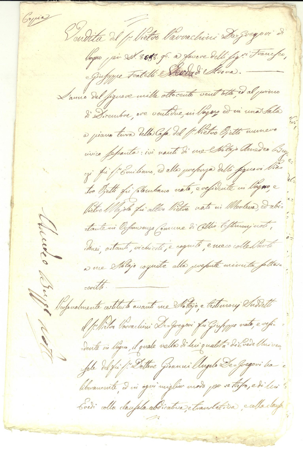 Documento originale, autentico 1828 POGNO NO Pietro PARRACHINI DE GREGORI vende terra ai fratelli VERDA 1
