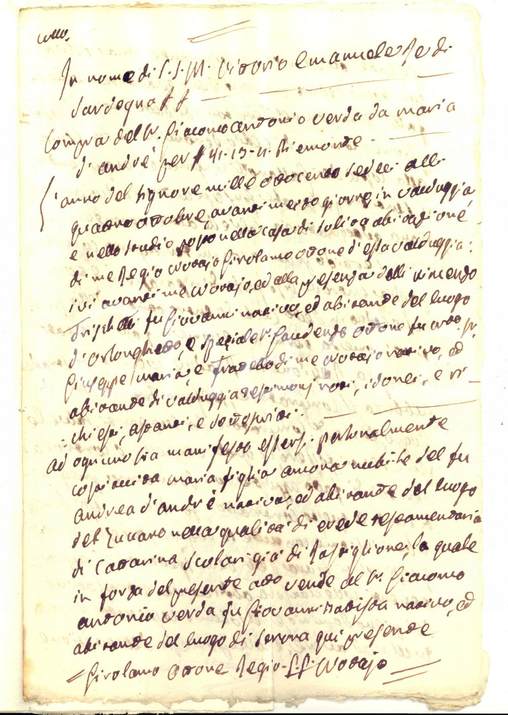 Documento originale, autentico 1816 RASTIGLIONE Maria D ANDRE  vende selva a Giacomo Antonio VERDA Manoscritto 1