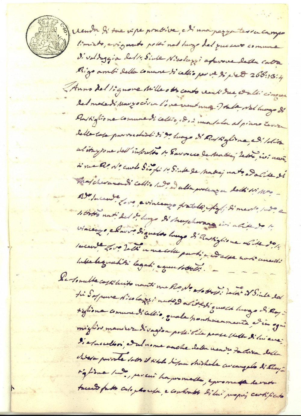 Documento originale, autentico 1822 VALDUGGIA Chiesa parrocchiale di RASTIGLIONE vende ripe a Caterina RIGO 1