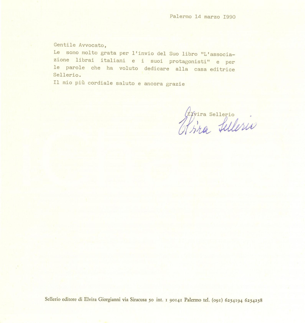 Autografo originale 1990 PALERMO Lettera Elvira SELLERIO per invio di un libro Autografo 1