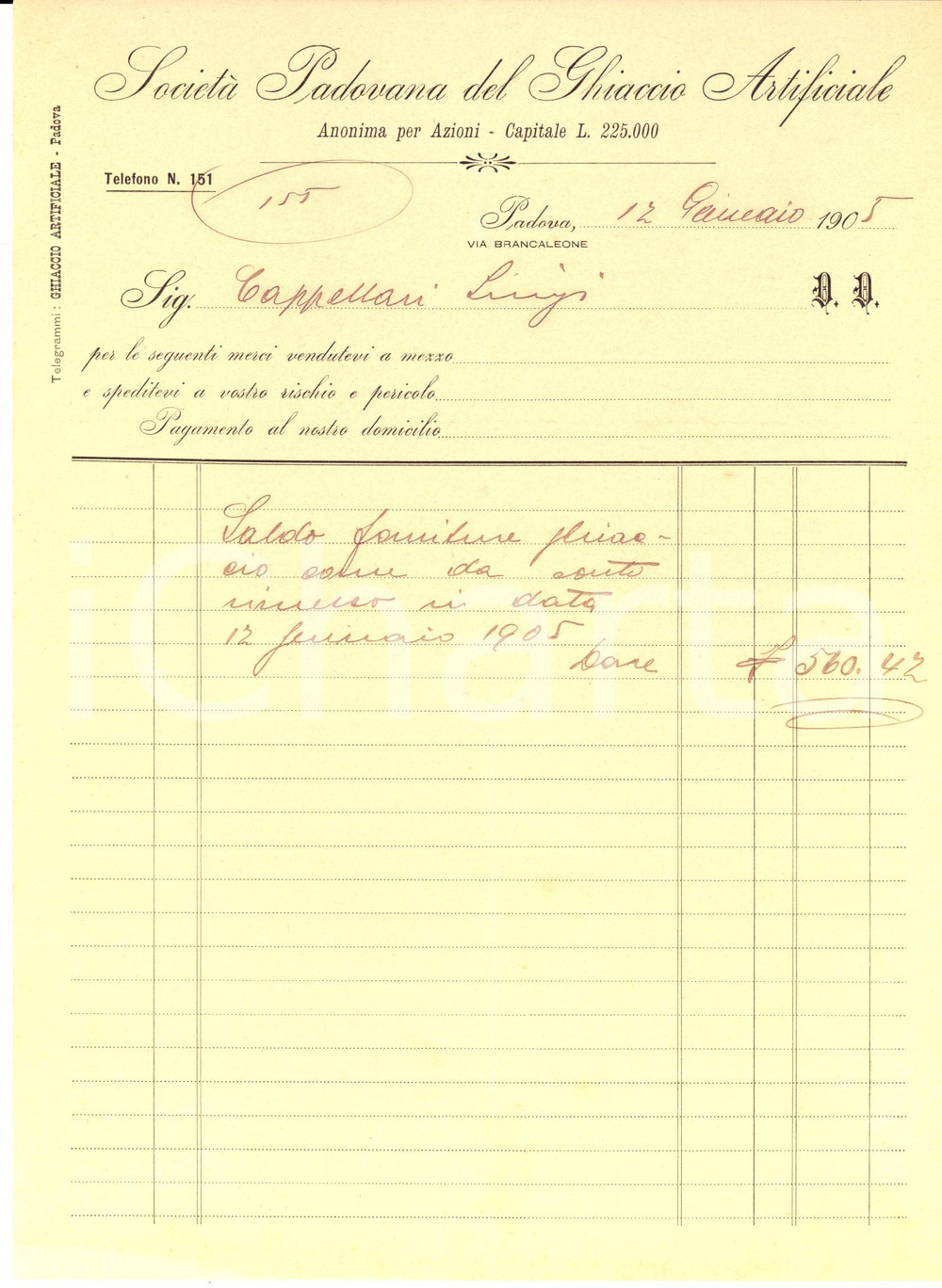 Documento originale, autentico 1905 PADOVA SocietÃ  Padovana del Ghiaccio Artificiale Ricevuta intestata 1