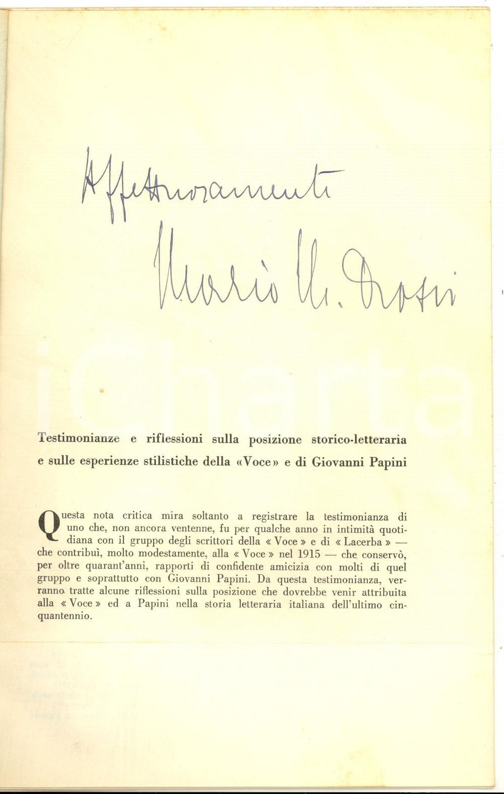 Libro, pubblicazione d epoca 1955 ca Mario Manlio ROSSI Testimonianze su Giovanni PAPINI Invio AUTOGRAFO 1