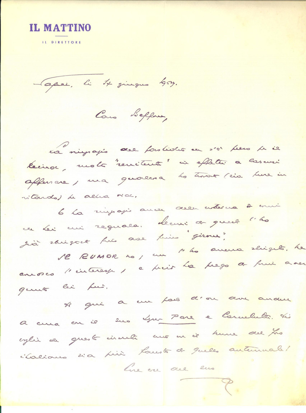 Autografo originale 1954 NAPOLI IL MATTINO Direttore Giovanni ANSALDO ringrazia un amico Autografo 1