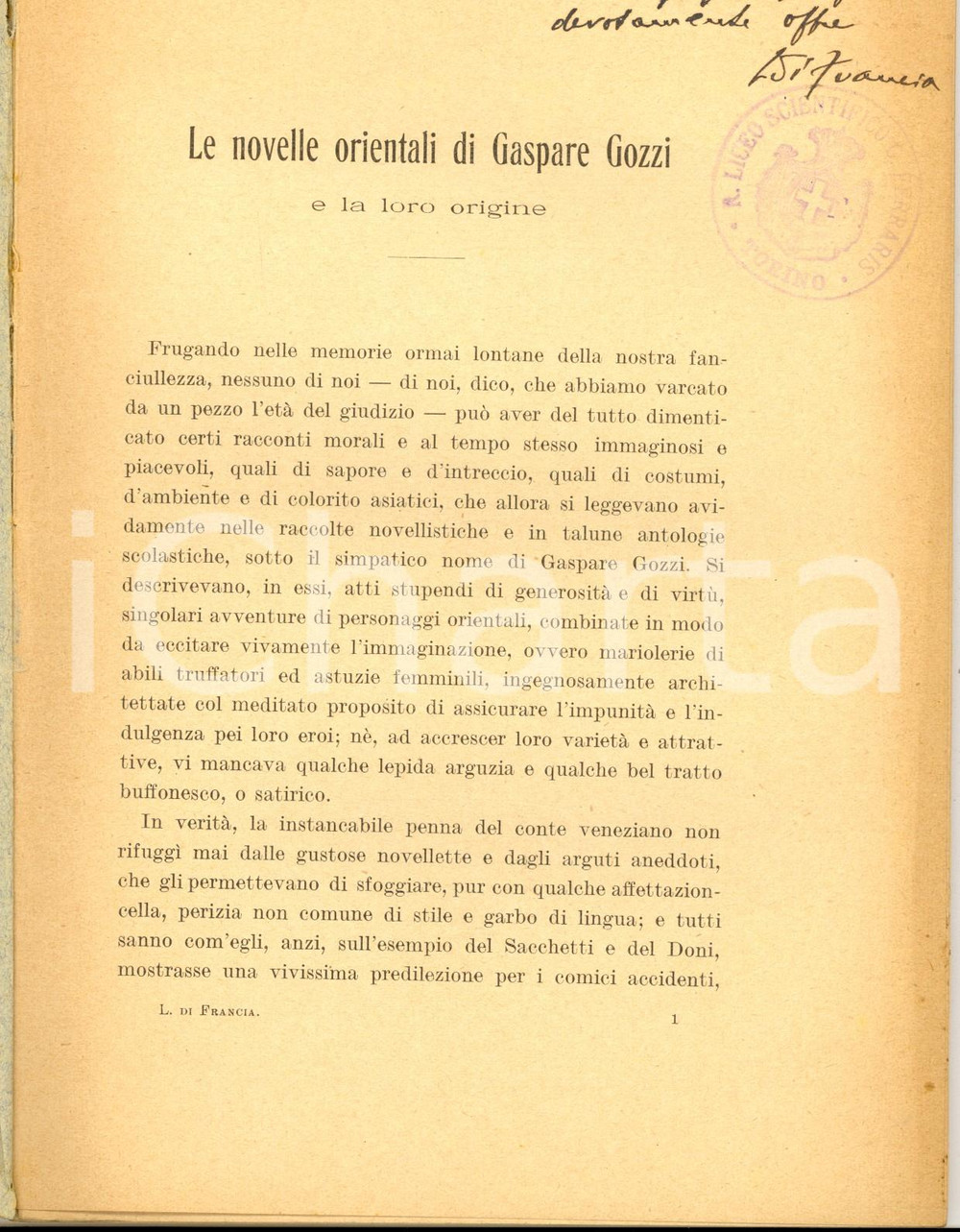 Libro, pubblicazione d epoca 1928 Letterio DI FRANCIA Le novelle orientali di Gaspare Gozzi Invio AUTOGRAFO 1
