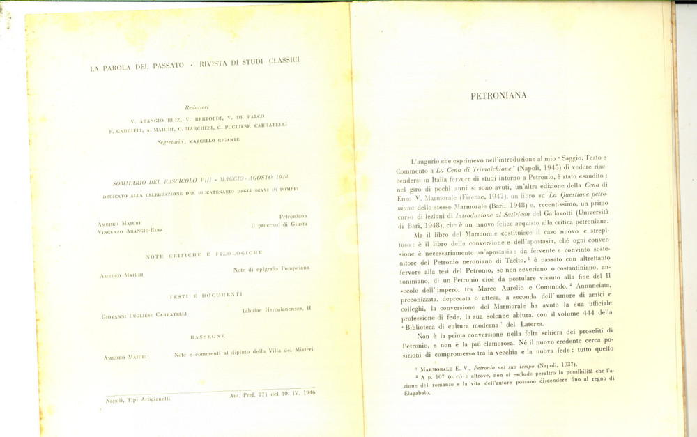 Libro, pubblicazione d epoca 1948 Amedeo MAIURI Petroniana  Estratto La parola del passato  26 pp. 1