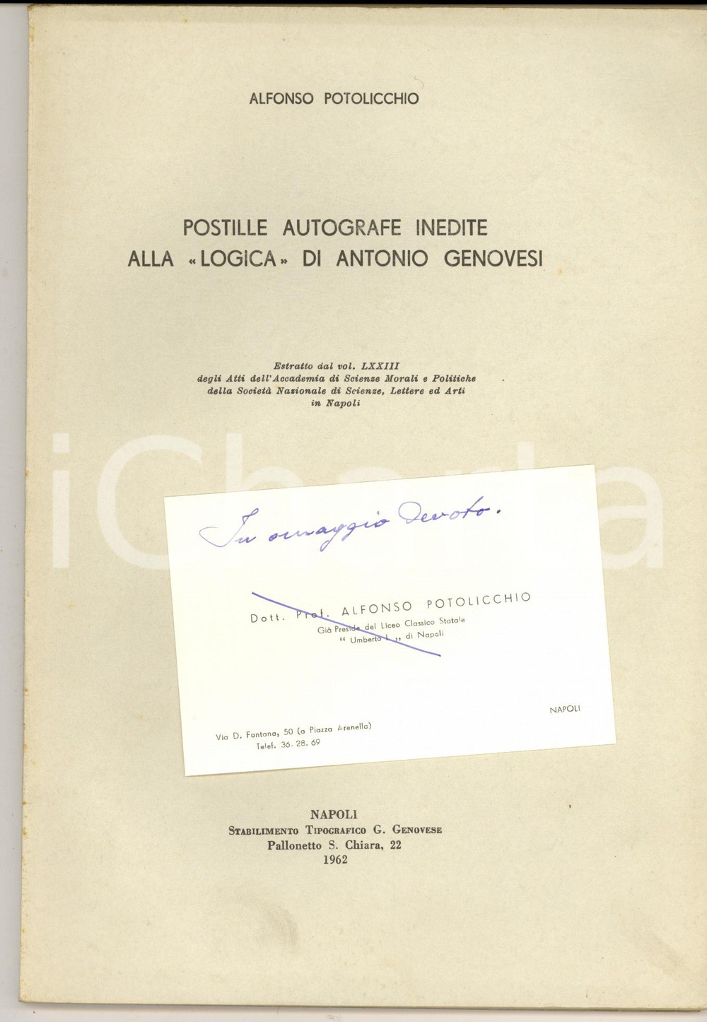 Libro, pubblicazione d epoca 1962 Alfonso POTOLICCHIO Postille alla Logica di Antonio Genovesi Autografo 1