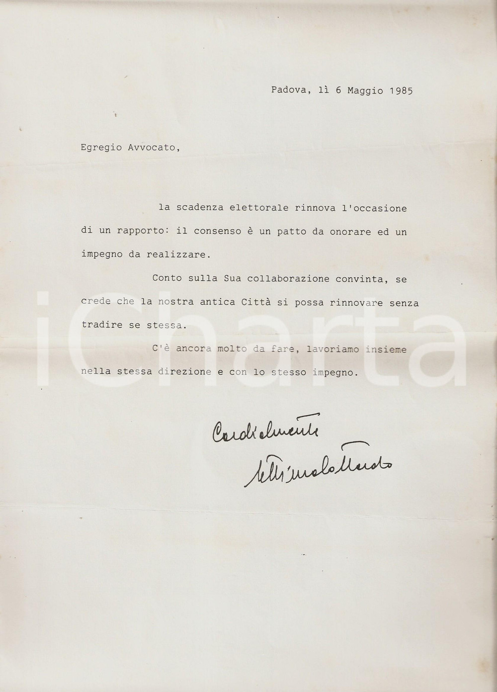 Materiale pubblicitario d’epoca 1985 PADOVA Settimo GOTTARDO Candidato sindaco DC Lettera elettorale 21x33 cm 1
