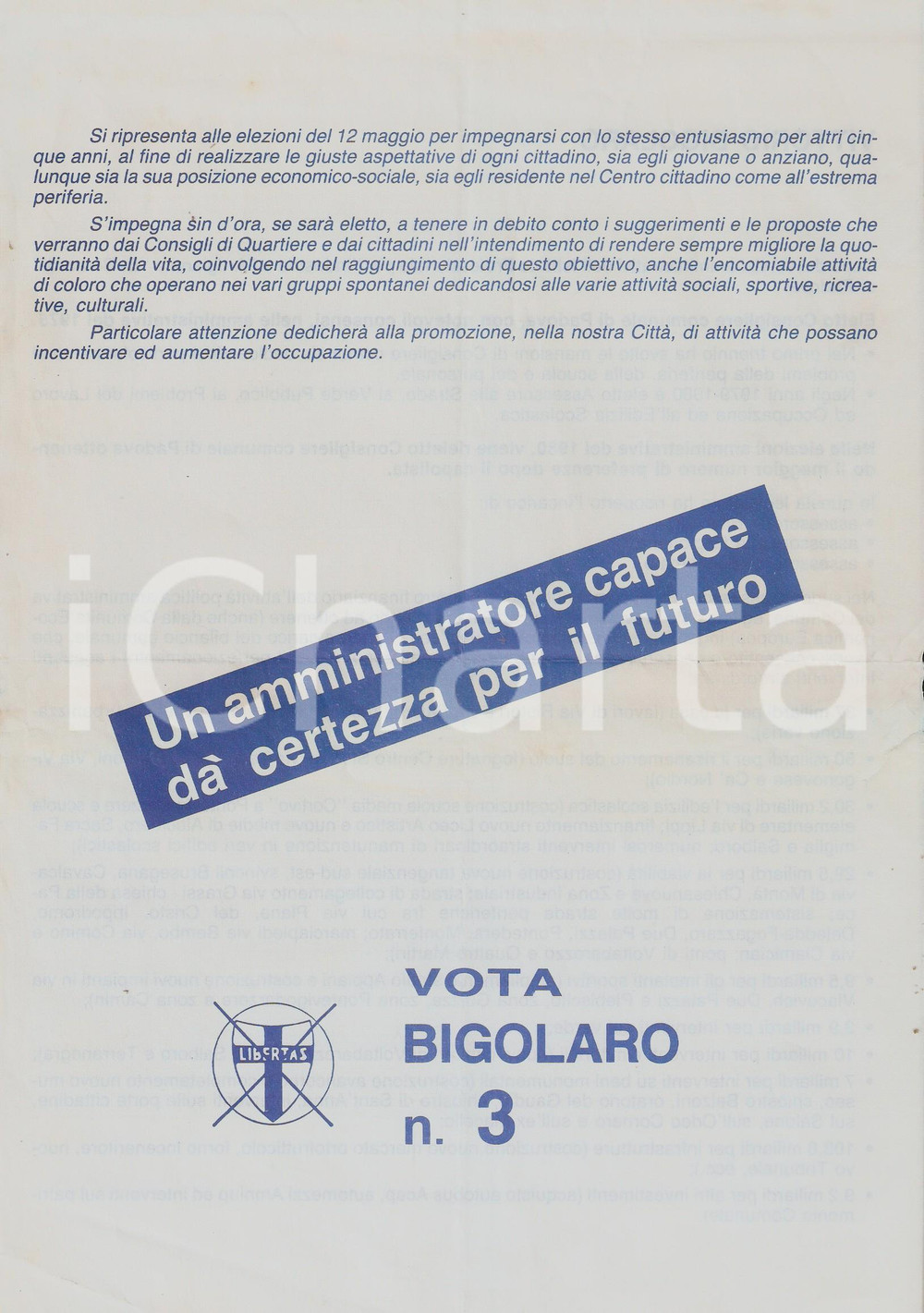 Materiale pubblicitario d’epoca 1985 PADOVA Vittorio BIGOLARO Candidato DEMOCRAZIA CRISTIANA Volantino 21x29 cm 1