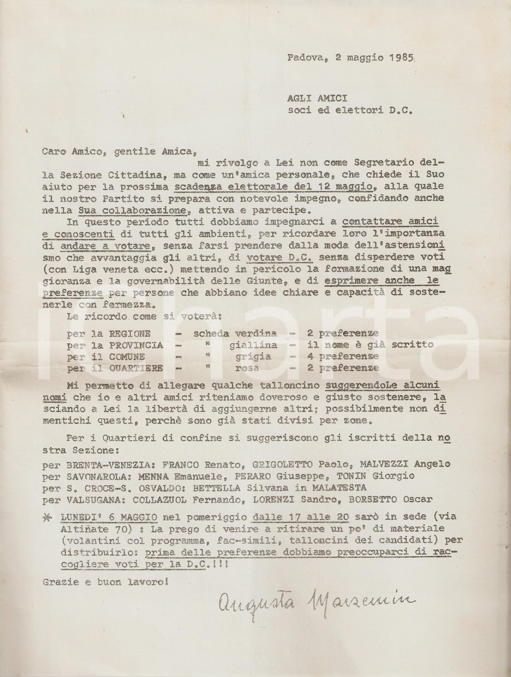 Materiale pubblicitario d’epoca 1985 PADOVA Augusta MARZEMIN consiglia di votare DEMOCRAZIA CRISTIANA Propaganda 1