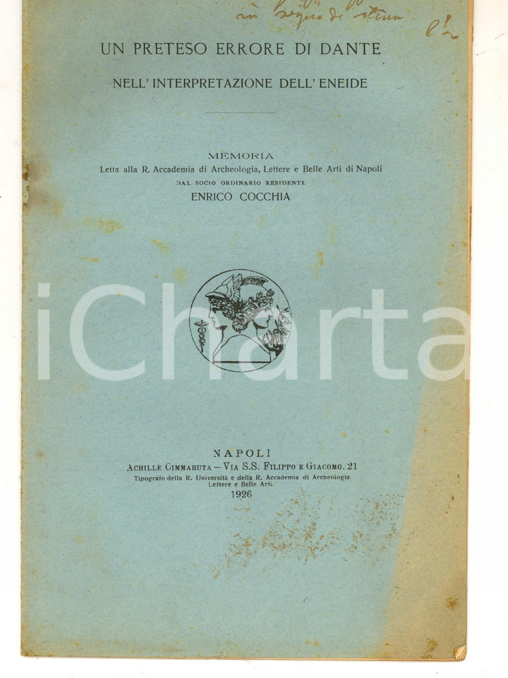 Libro, pubblicazione d epoca 1926 Enrico COCCHIA Un preteso errore di Dante nell interpretazione dell Eneide 1