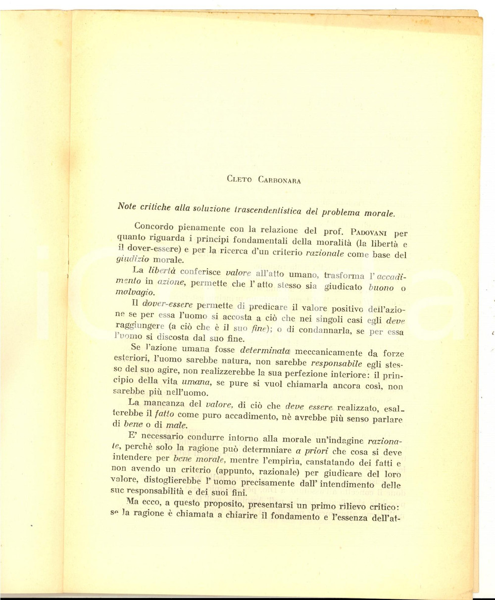 Libro, pubblicazione d epoca 1950 Cleto CARBONARA Note alla soluzione trascendentistica del problema morale 1