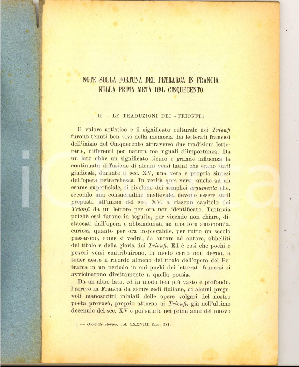 Libro, pubblicazione d epoca 1951 Franco SIMONE Sulla fortuna del Petrarca in Francia  Trionfi AUTOGRAFO 1