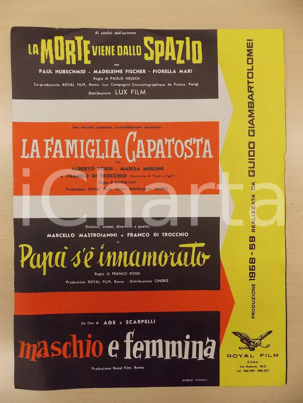 Materiale pubblicitario d’epoca 1958 ROYAL FILM Listino produzione LA MORTE VIENE DALLO SPAZIO Maschio e femmina 1