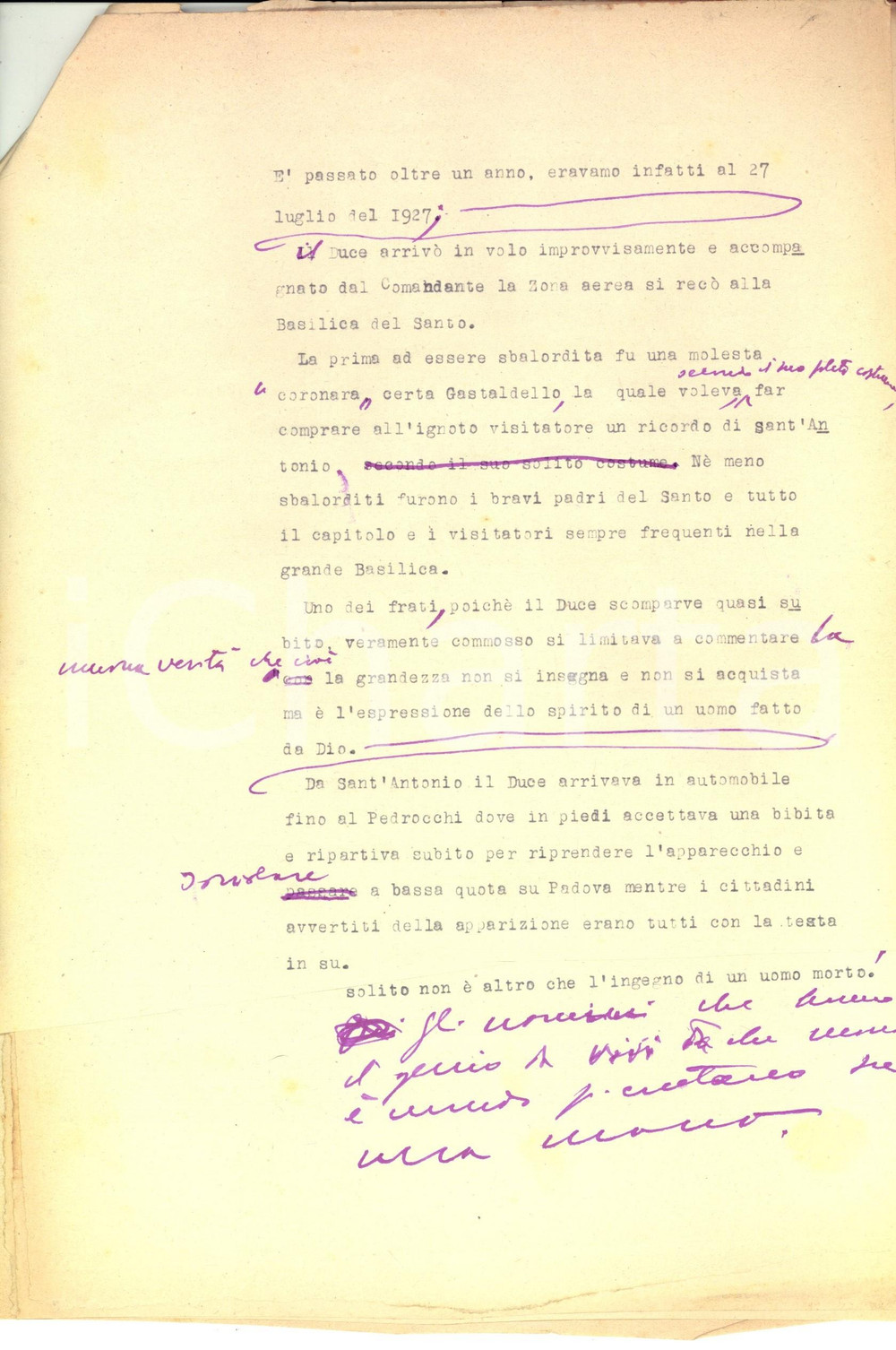 Manoscritto, lettera originale 1960 ca Visita di Mussolini a Padova nel 1923: rimpianti Dattiloscritto INEDITO 1