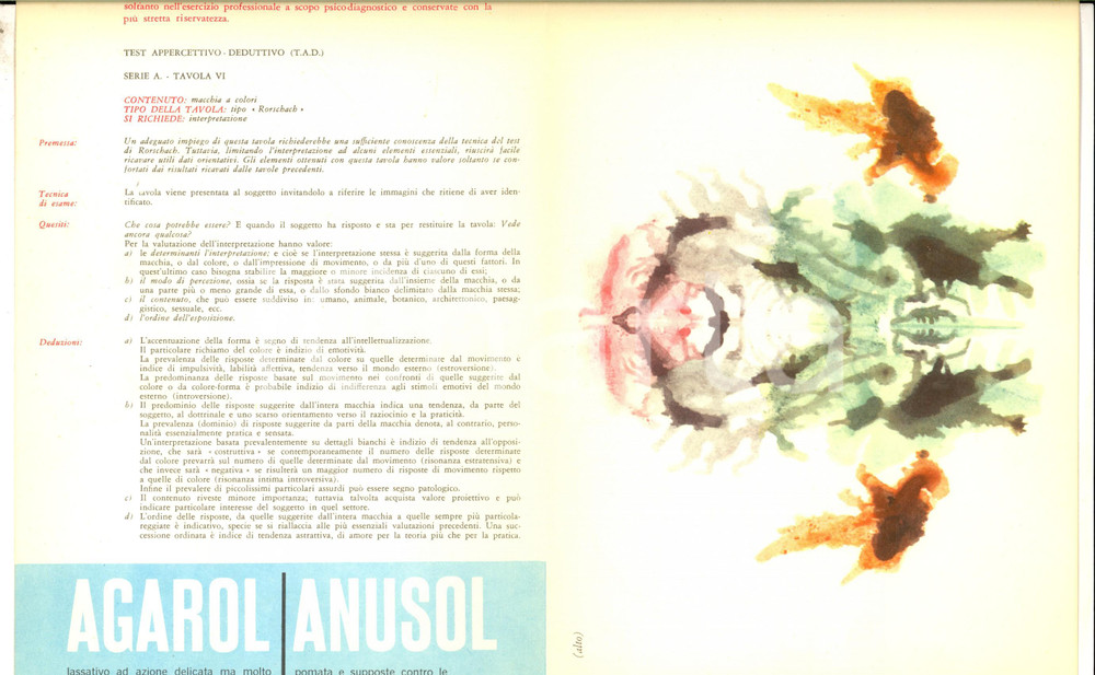 Materiale pubblicitario d’epoca 1959 MILANO Farmaceutica ANGIOLINI  Test appercettivo deduttivo 6 a Rorschach 1