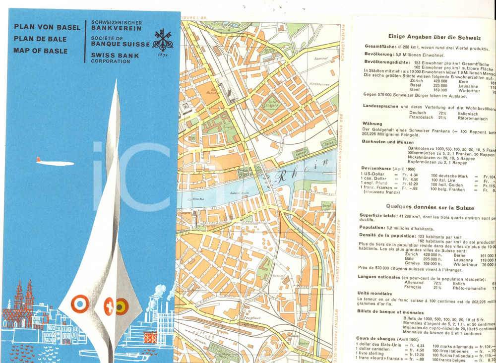 Materiale pubblicitario d’epoca 1960 BASILEA / BALE SUISSE Pieghevole con mappa Pubblicitario BANQUE SUISSE 1