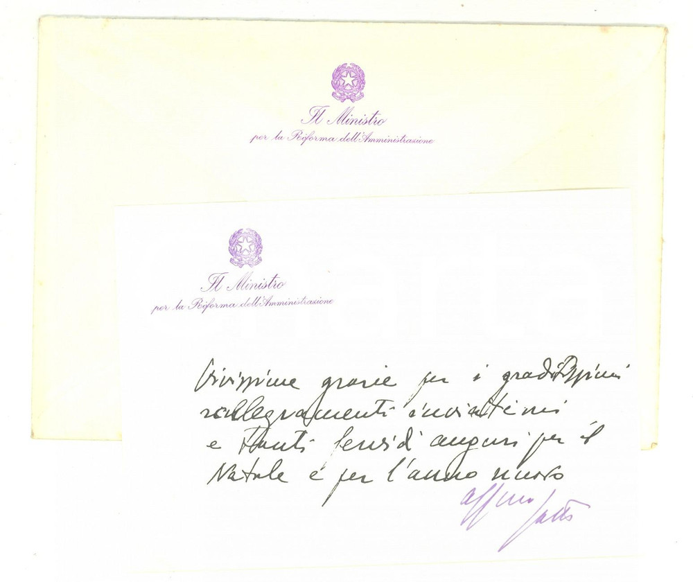 Autografo originale 1968 ROMA Ministro per la Riforma Eugenio GATTO Biglietto di auguri AUTOGRAFO 1