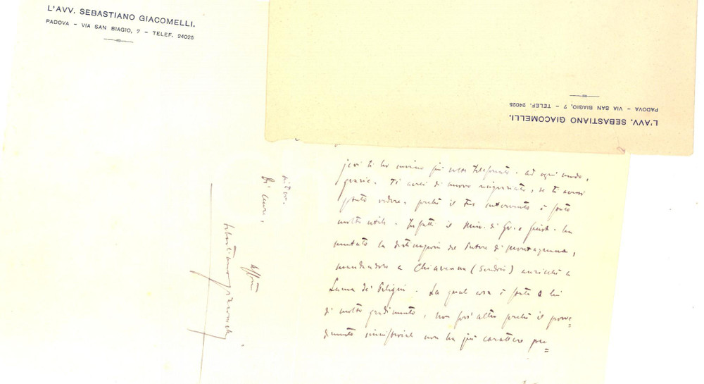 Autografo originale 1938 PADOVA Avv. Sebastiano GIACOMELLI  Lettera di ringraziamento Autografo 1