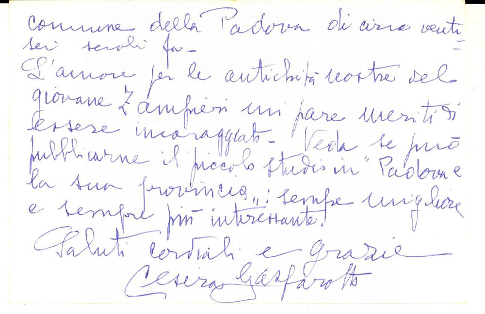 Autografo originale 1970 PADOVA Cesira GASPAROTTO raccomanda un giovane studioso Autografo 1