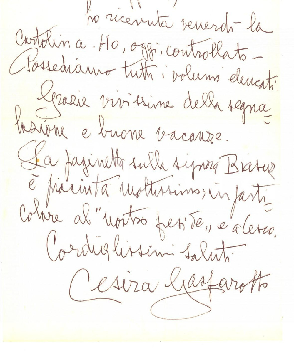 Autografo originale 1973 PADOVA Accademia Patavina Scienze e Arti  Lettera di Cesira GASPAROTTO 1