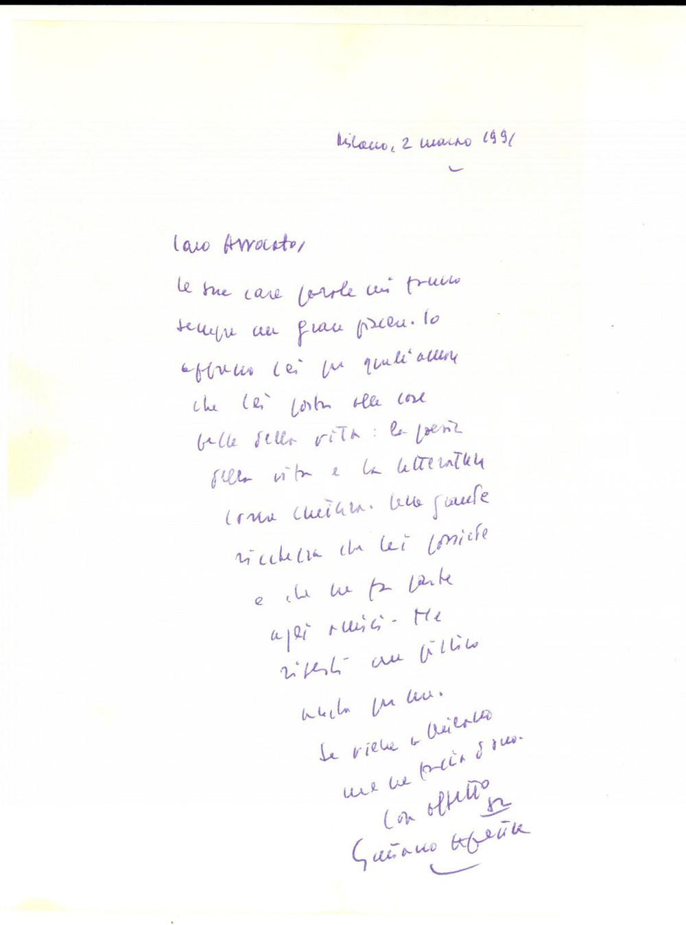 Autografo originale 1991 MILANO Lettera Gaetano AFELTRA a un collega e amico Autografo 1