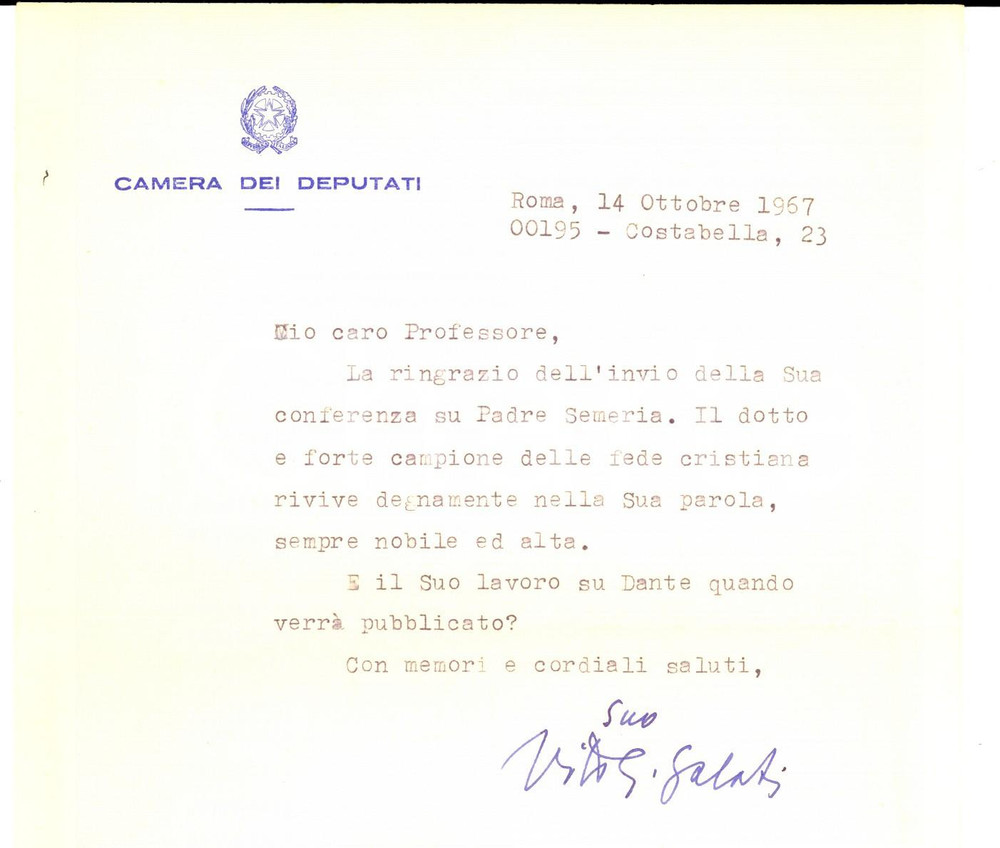 Autografo originale 1967 ROMA Vito Giuseppe GALATI ringrazia per una pubblicazione Autografo 1