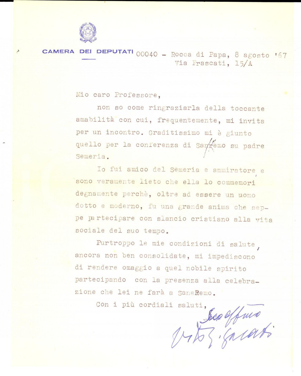Autografo originale 1967 ROMA Vito Giuseppe GALATI e un convegno su padre Semeria Autografo 1
