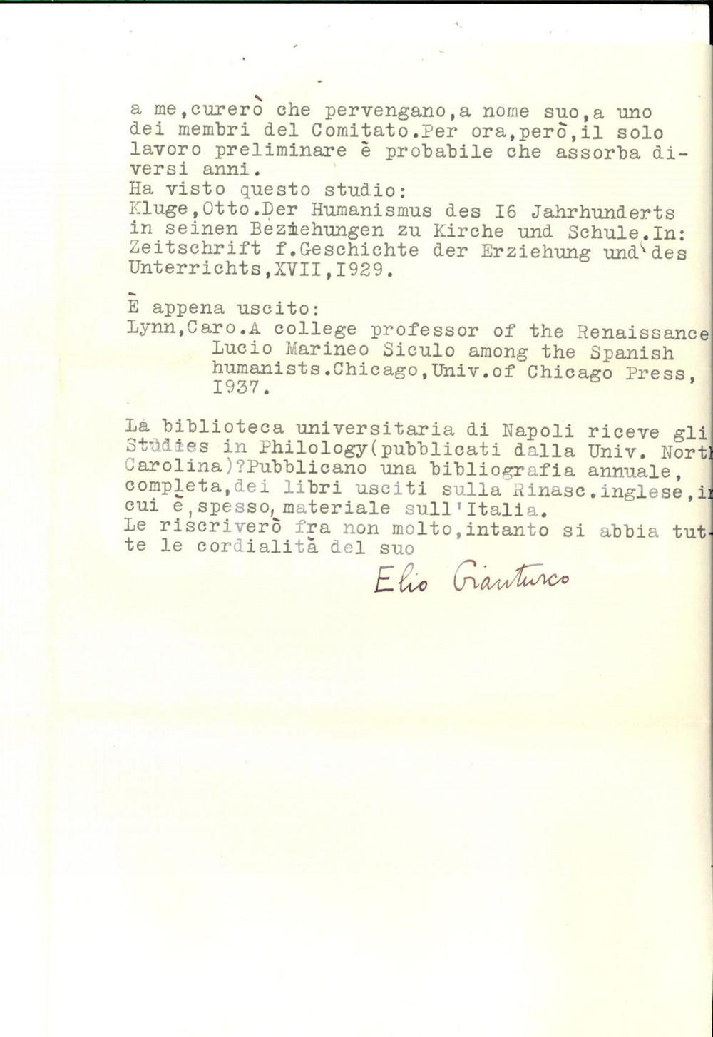 Autografo originale 1937 WASHINGTON Elio GIANTURCO e la Society of Renaissance studies Autografo 1