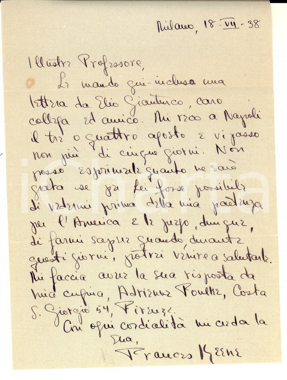 Autografo originale 1938 MILANO Frances KEENE RATENSKY chiede incontro a un collega Autografo 1