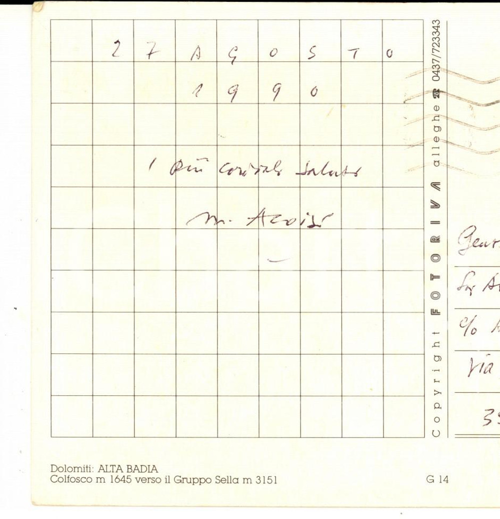 Autografo originale 1990 COLFOSCO / VAL BADIA  Massimiliano ALOISI  Cartolina a un amico AUTOGRAFO 1