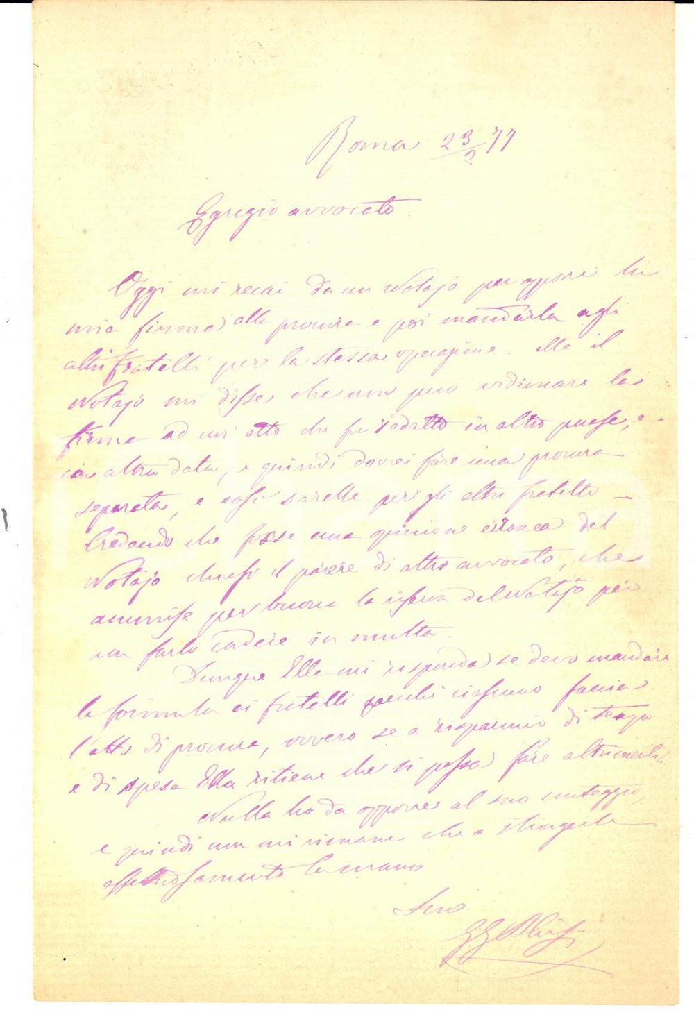 Documento originale, autentico 1877 ROMA Giacomo Giuseppe ALVISI su una questione notarile  Autografo 1