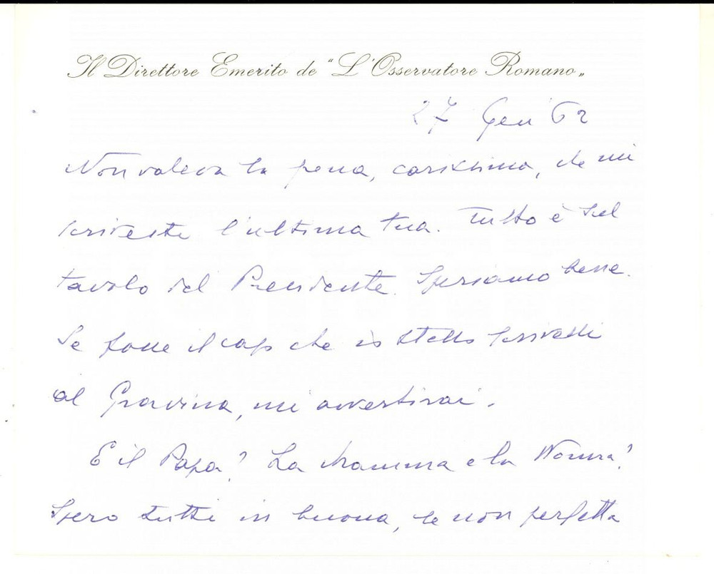 Autografo originale 1962 ROMA L OSSERVATORE ROMANO Biglietto Giuseppe DALLA TORRE Autografo 1