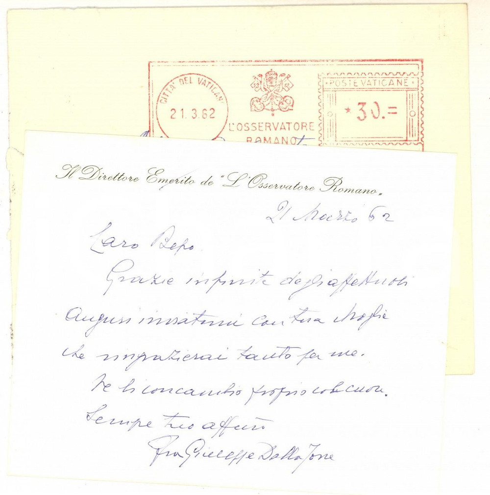 Autografo originale 1962 ROMA L OSSERVATORE ROMANO Biglietto auguri Giuseppe DALLA TORRE Autografo 1