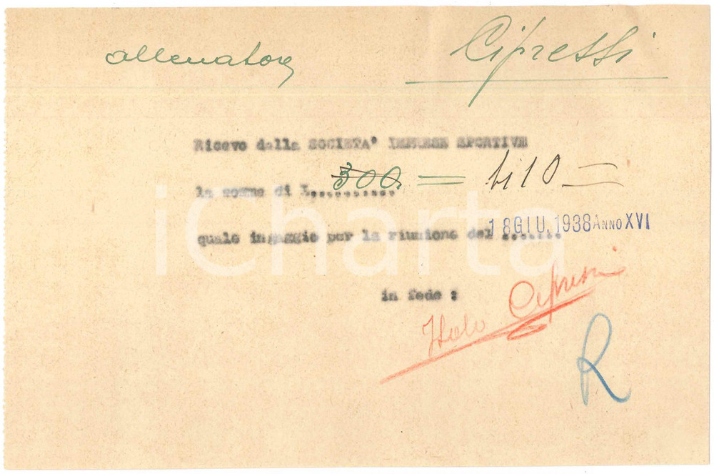 Autografo originale 1938 CICLISMO MILANO Ricevuta Italo CIPRESSI allenatore per ingaggio  AUTOGRAFO 1