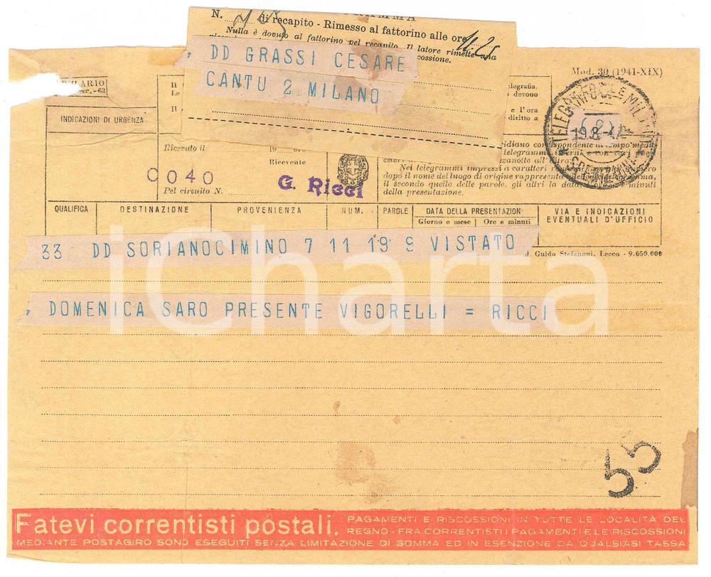 Documento originale, autentico 1942 CICLISMO  ZURICH  Telegramma Mario RICCI per conferma gara a Milano 1