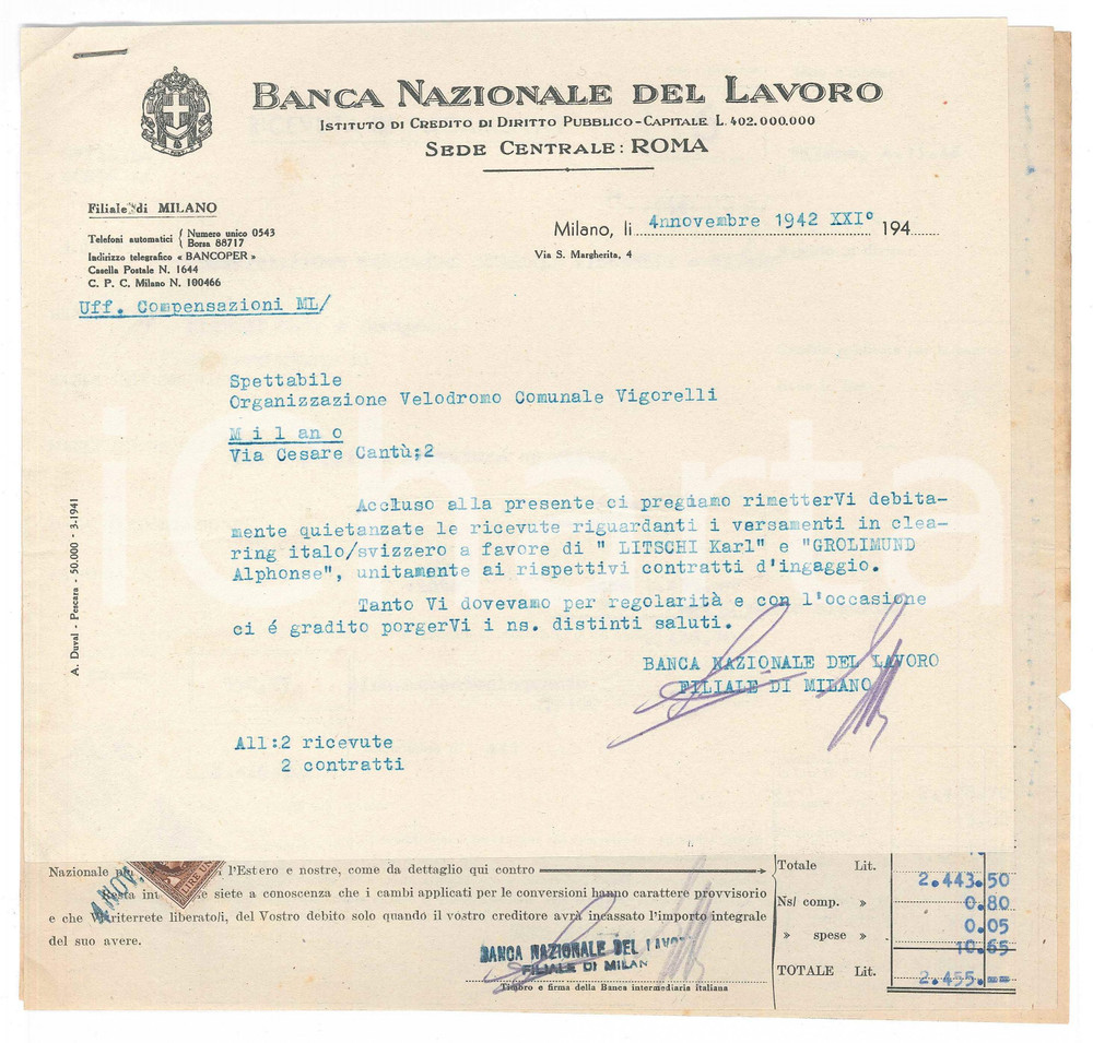 Documento originale, autentico 1942 MILANO Banca Nazionale del Lavoro  Quietanze ciclisti LITSCHI GROLIMUND 1